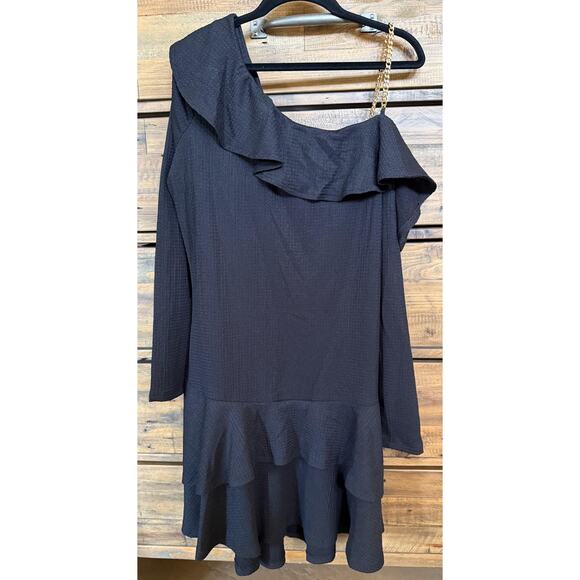 Michael Kors Dress Women's Large One Shoulder Ruffle Chain Detail Long Sleeve - Picture 2 of 11